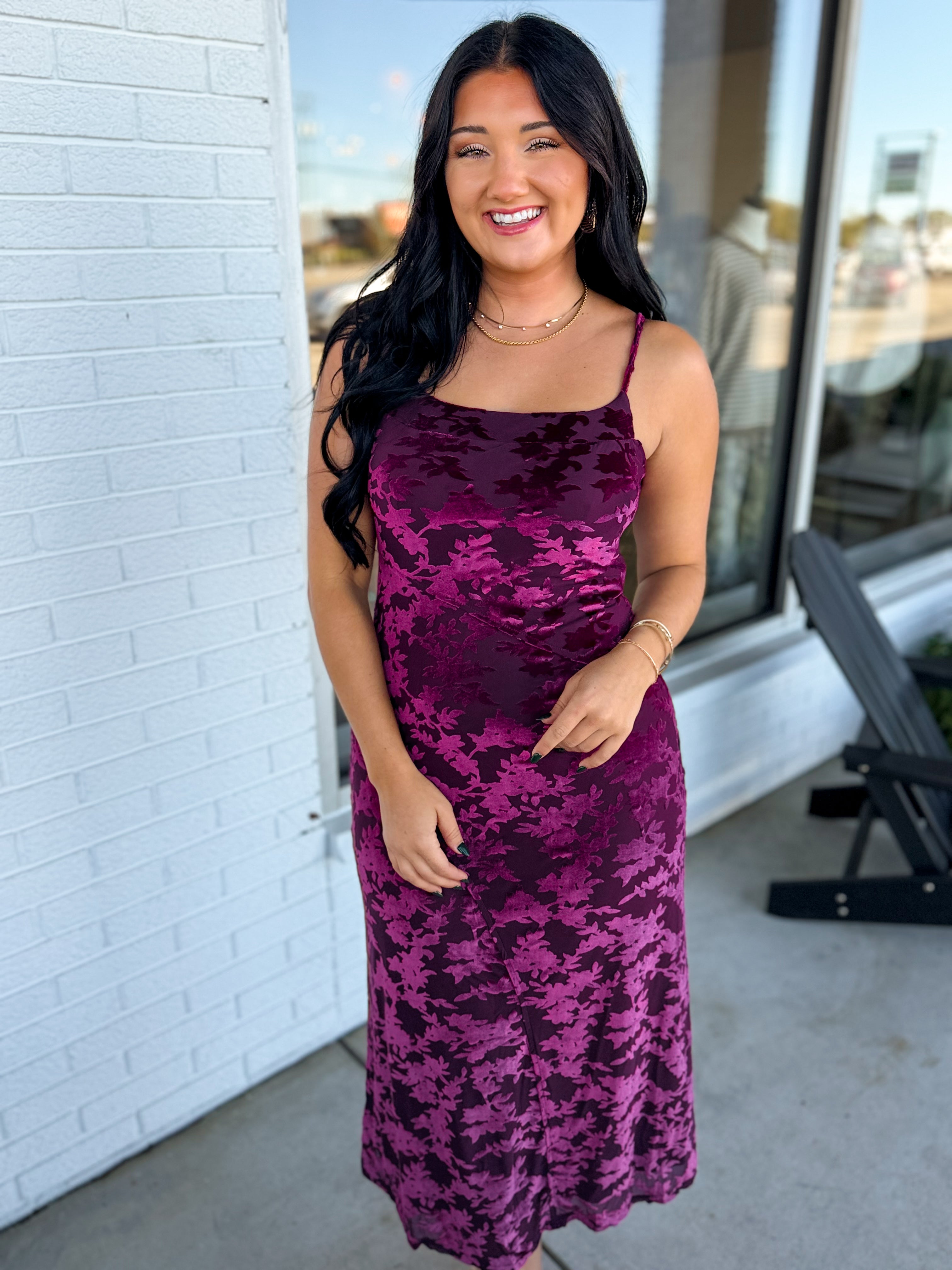Burnout Velvet Spaghetti Strap Midi Dress - Burgundy - Lace and Grace Boutique