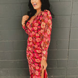 Plunging V-Neck Long Sleeve Maxi Dress - Carmine Rose
