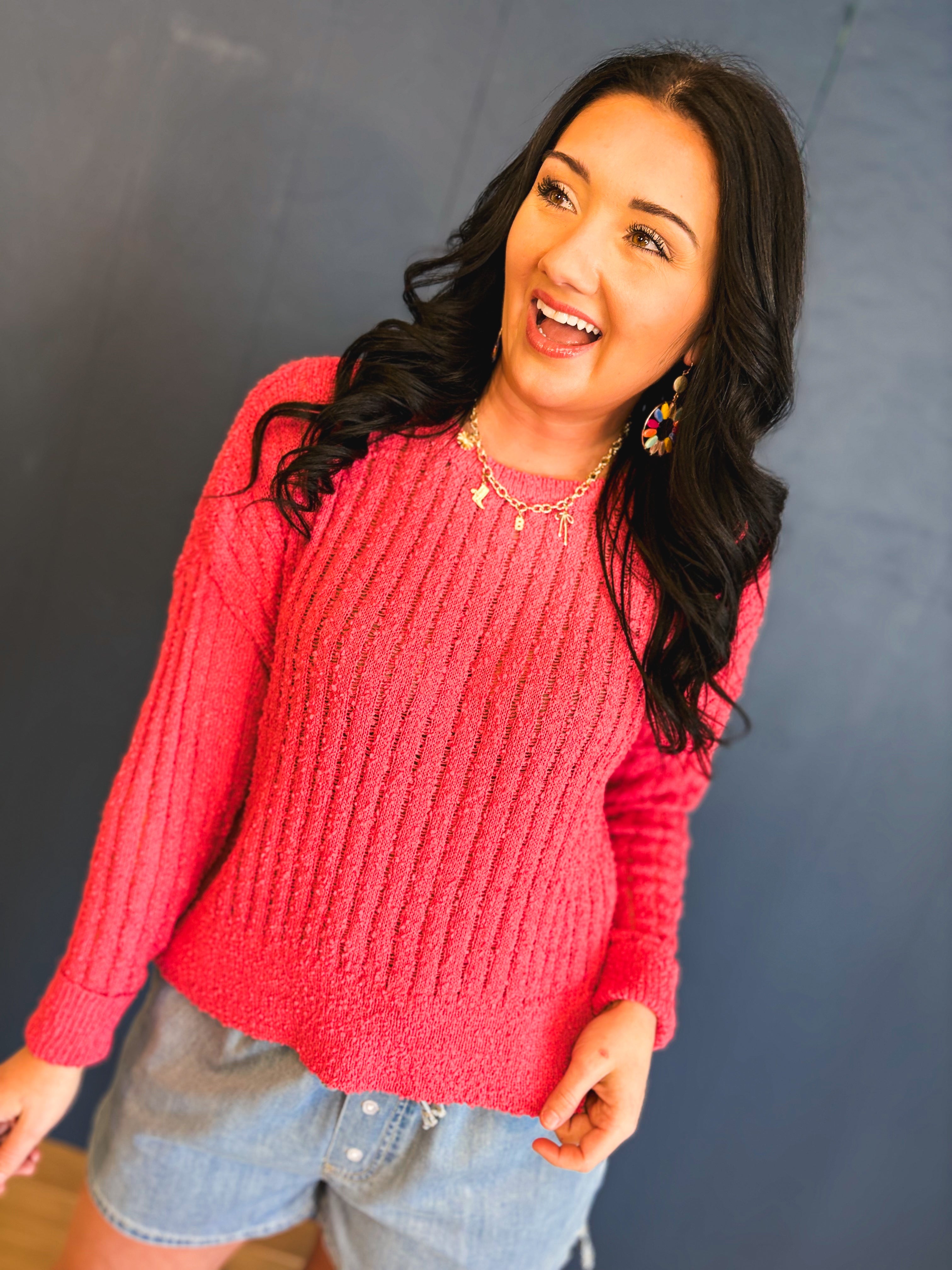 Open Ribbed Knit Sweater - Berry - Lace and Grace Boutique