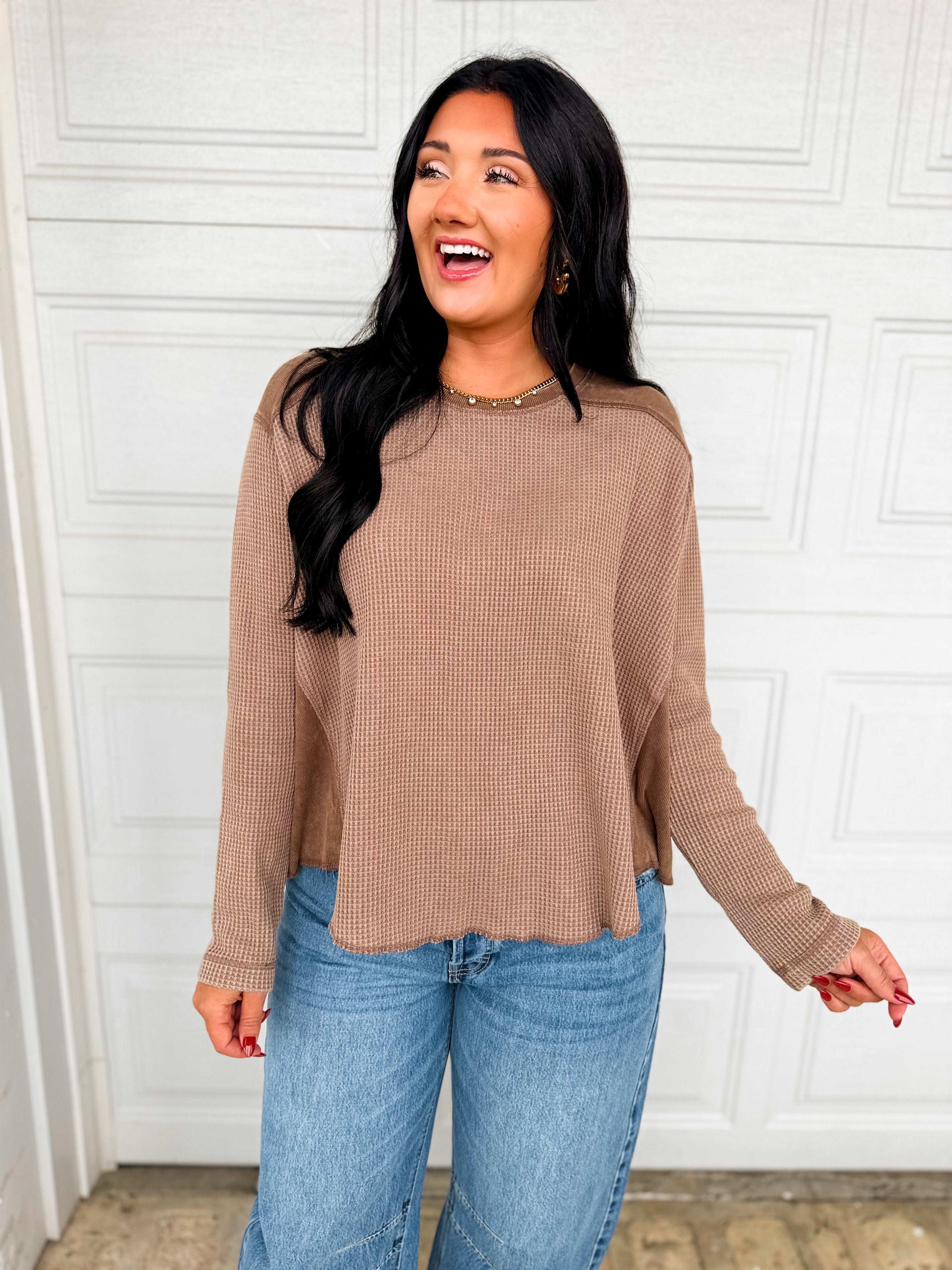 Oversized Waffle Knit Thermal Long Sleeve Top - Latte - Lace and Grace Boutique
