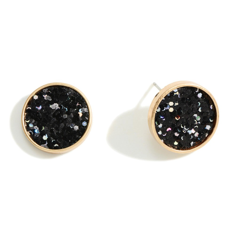 Gold Tone Glitter Stud Earrings - Black - Lace and Grace Boutique