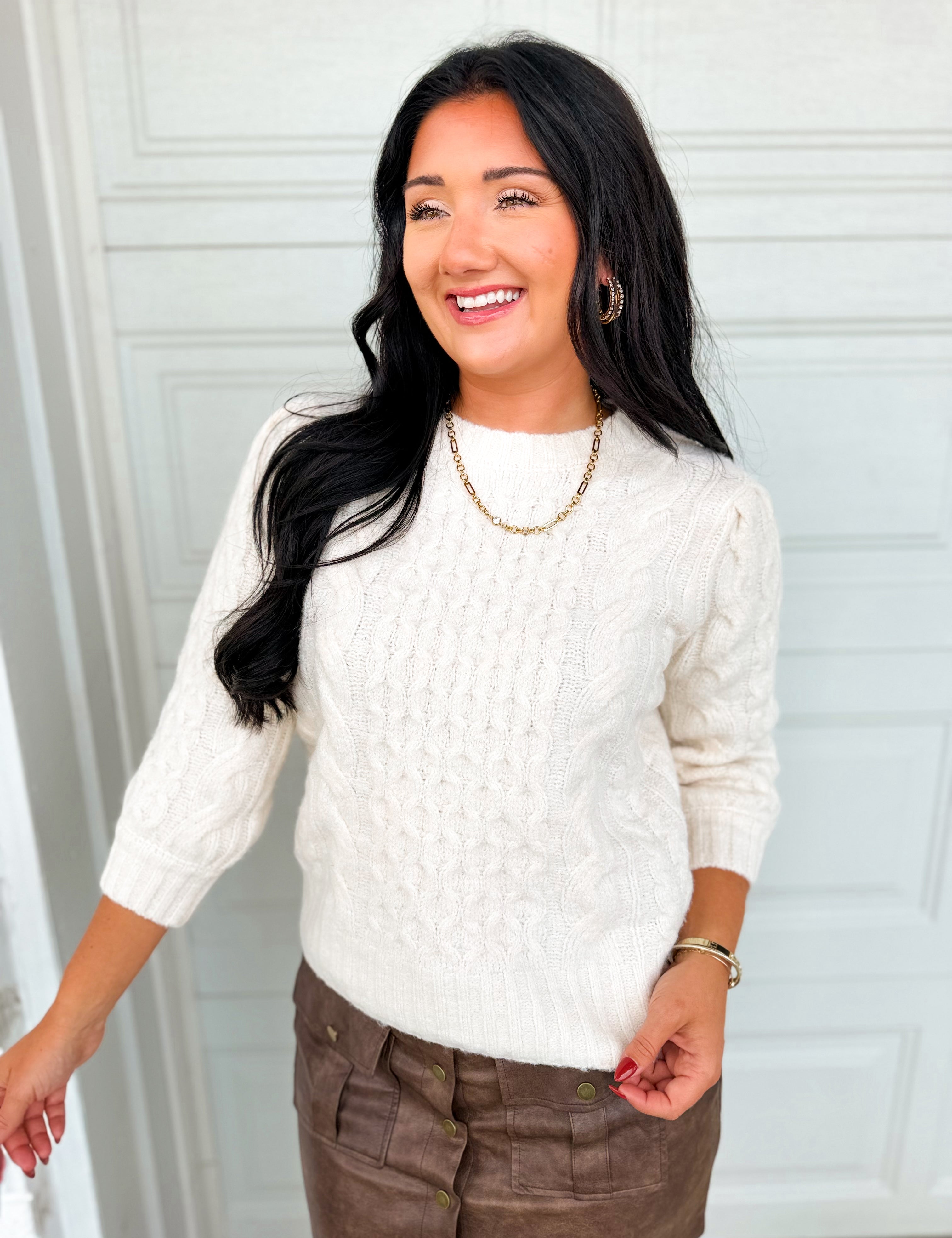 Cable Knit Puff Sleeve Sweater - Ecru - Lace and Grace Boutique