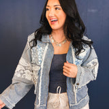 POL Textured Woven Lace Patchwork Jacket - Striped Denim