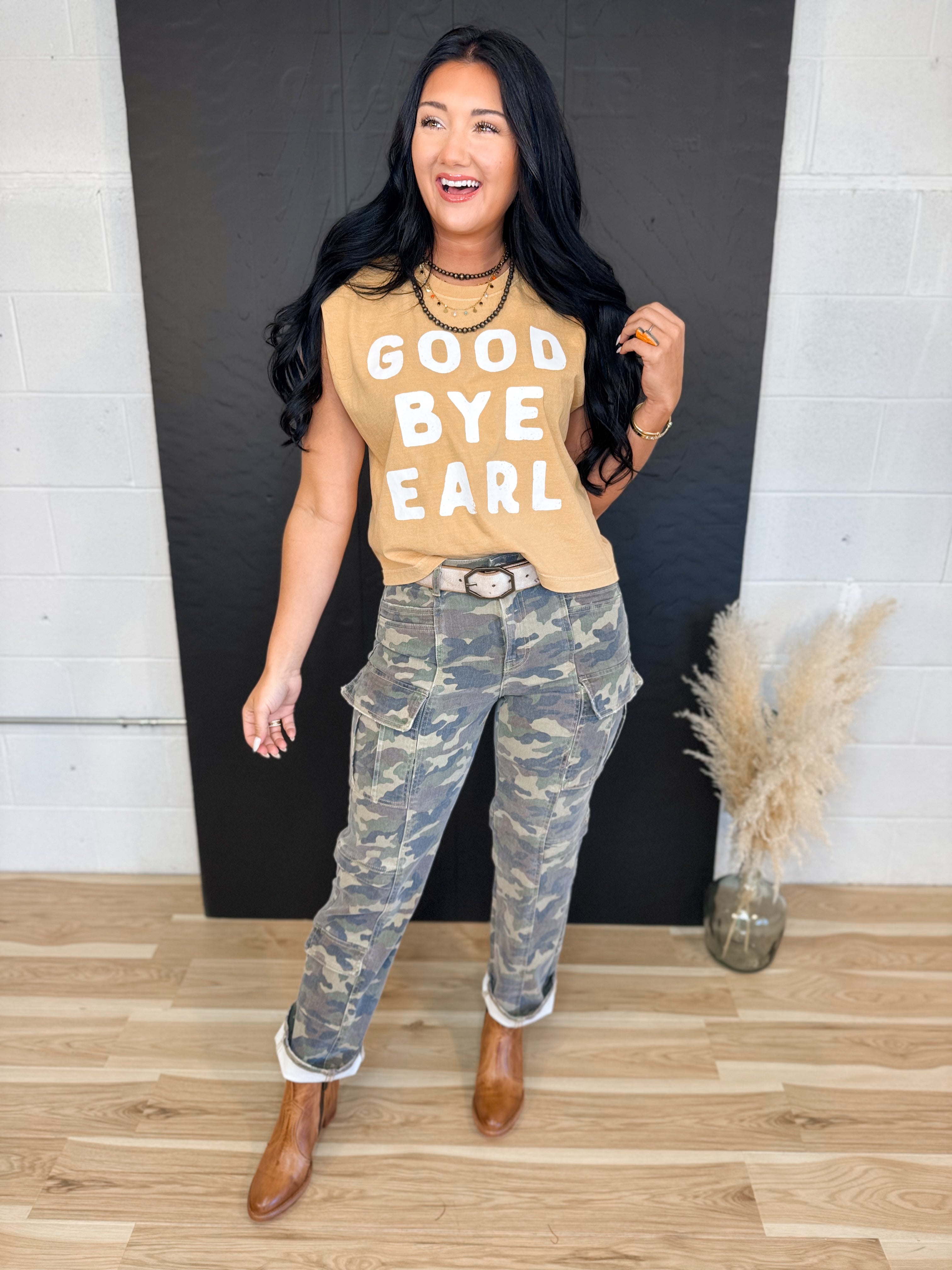 Good Bye Earl Graphic Muscle Tank - Faded Mustard - Lace and Grace Boutique