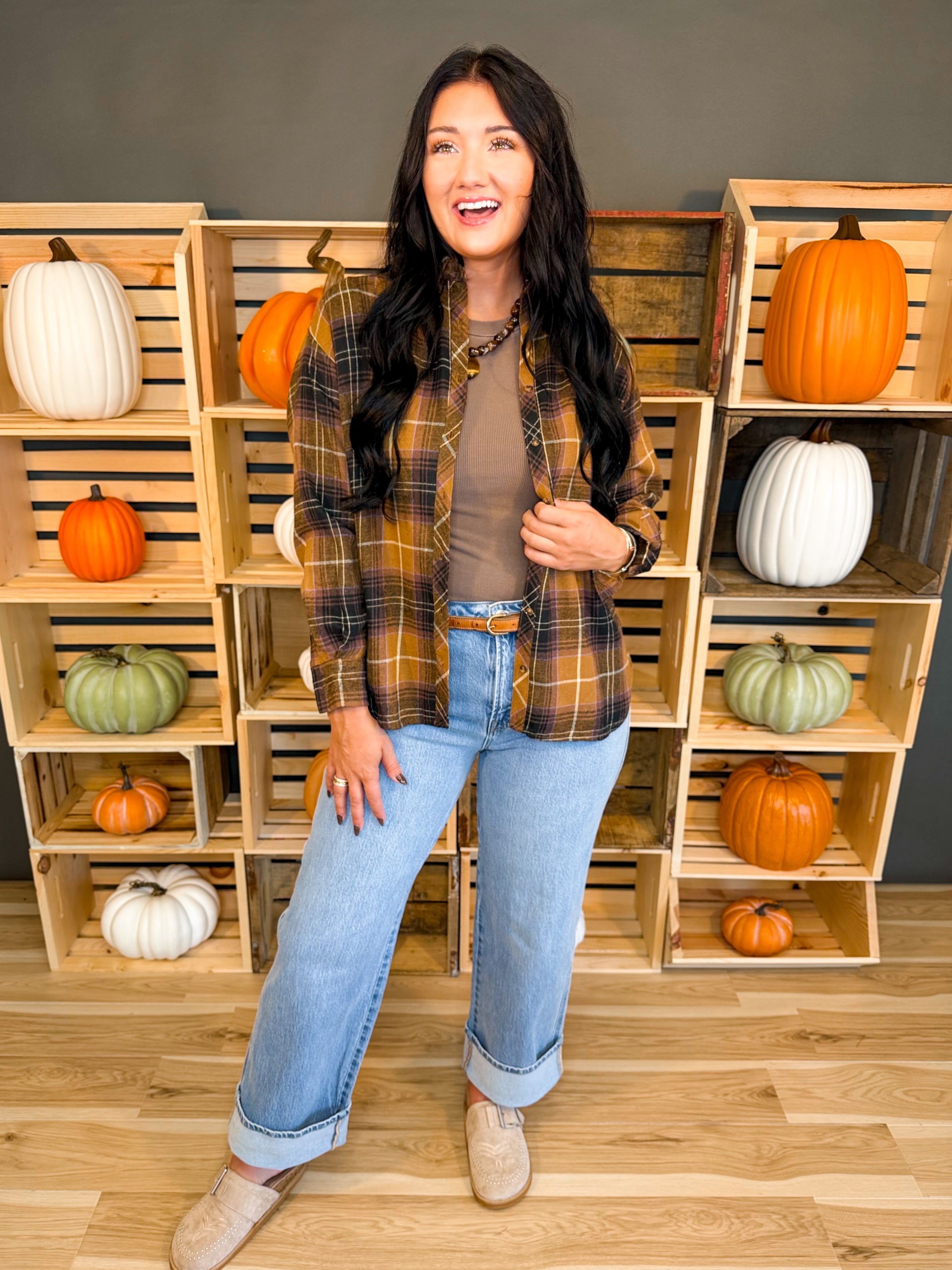 Tartan Plaid Button Down Flannel Top - Latte - Lace and Grace Boutique