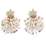 Christmas Tree Beaded Tassel Earrings - White