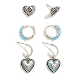 Heart & Turquoise Hoop & Stud Earrings, Set of 3 - Silver