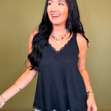 POL Lace Trim Solid Tank Top - Black