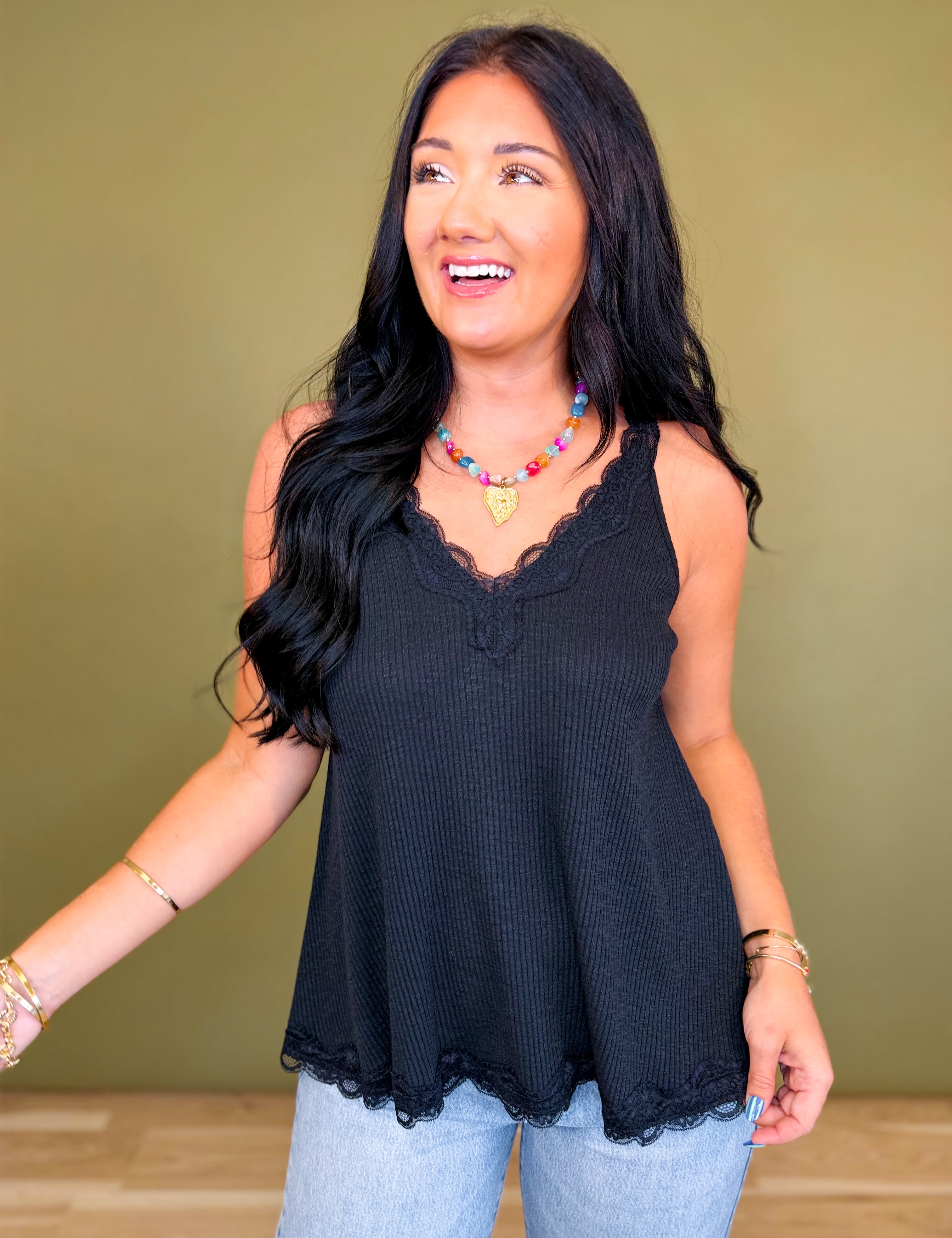 POL Lace Trim Solid Tank Top - Black - Lace and Grace Boutique