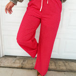 Check Print High Rise Drawstring Pants - Red Multi - Lace and Grace Boutique