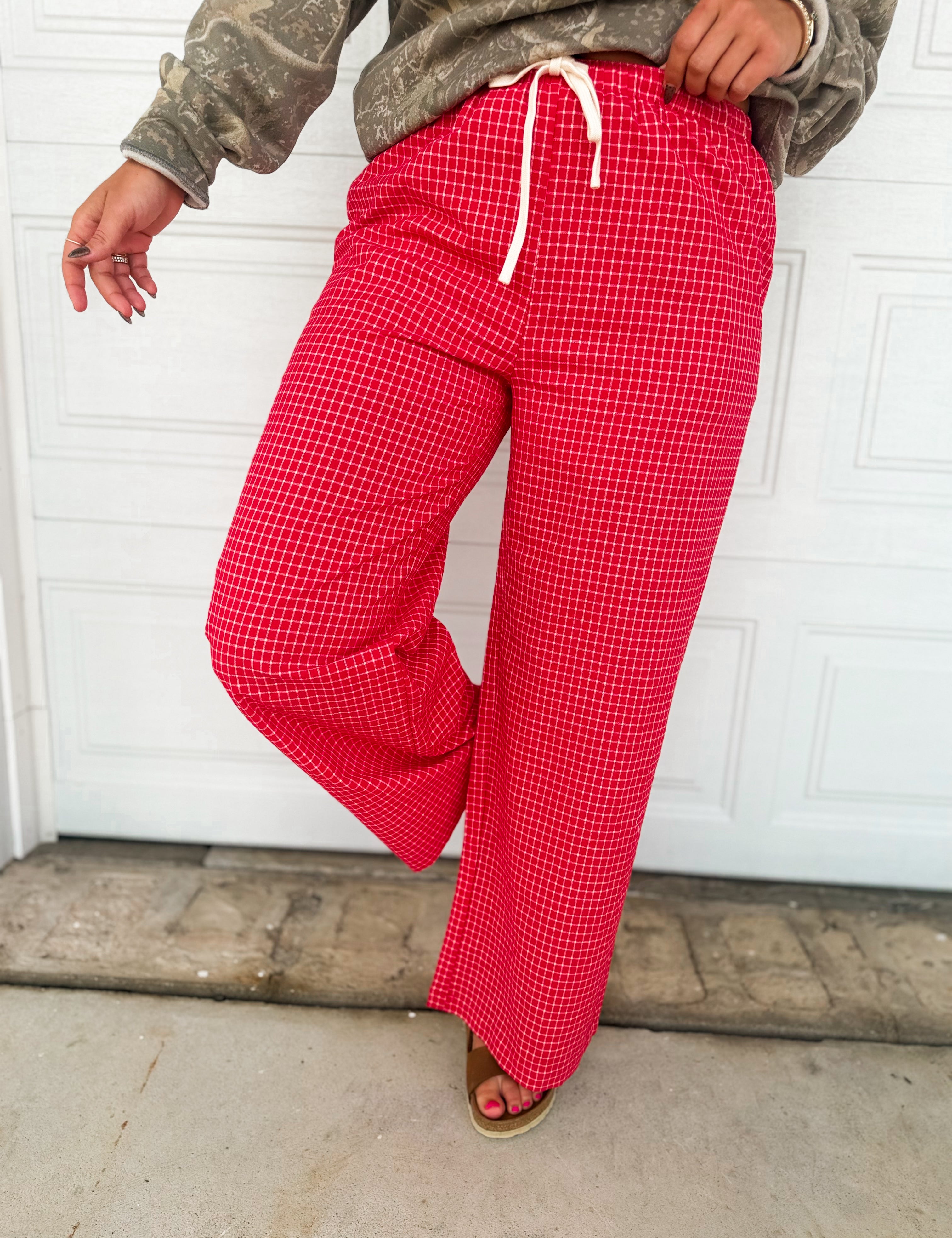 Check Print High Rise Drawstring Pants - Red Multi - Lace and Grace Boutique