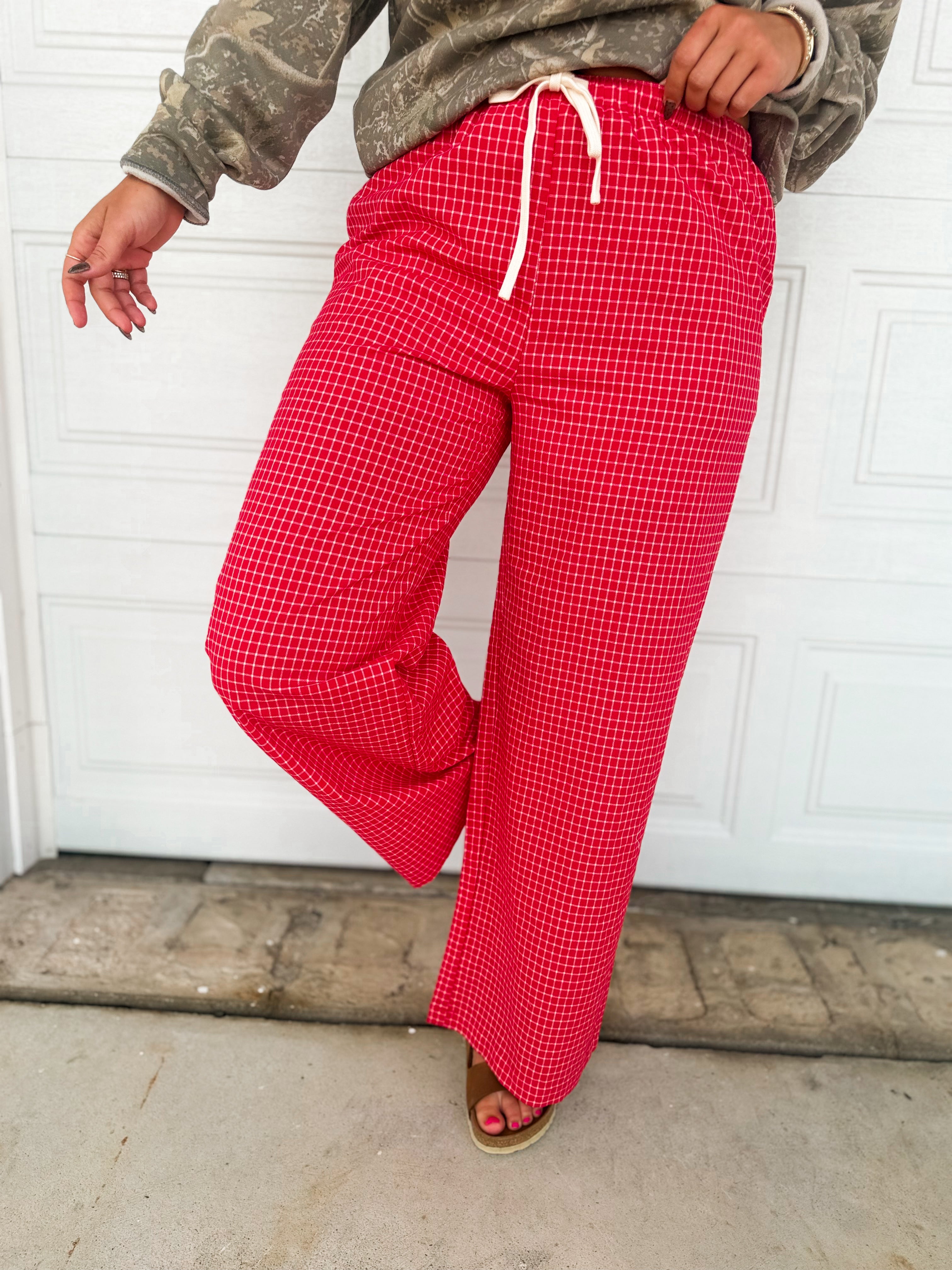 Check Print High Rise Drawstring Pants - Red Multi - Lace and Grace Boutique