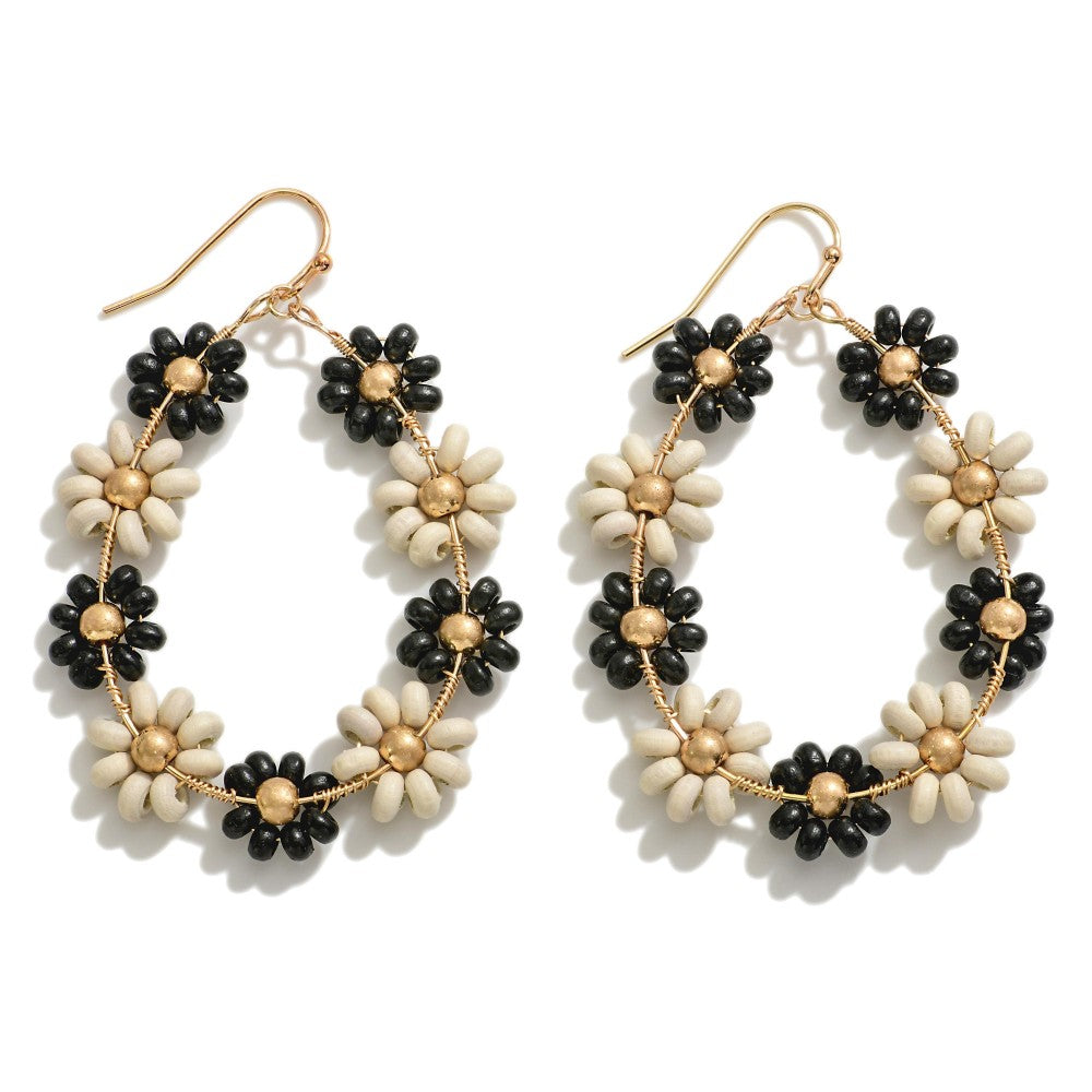 Beaded Flower Teardrop Earrings - Black/Cream - Lace and Grace Boutique