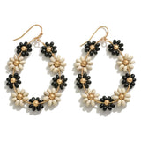Beaded Flower Teardrop Earrings - Black/Cream