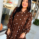 Pom-Pom Dot Corduroy Tiered Mini Dress - Chocolate