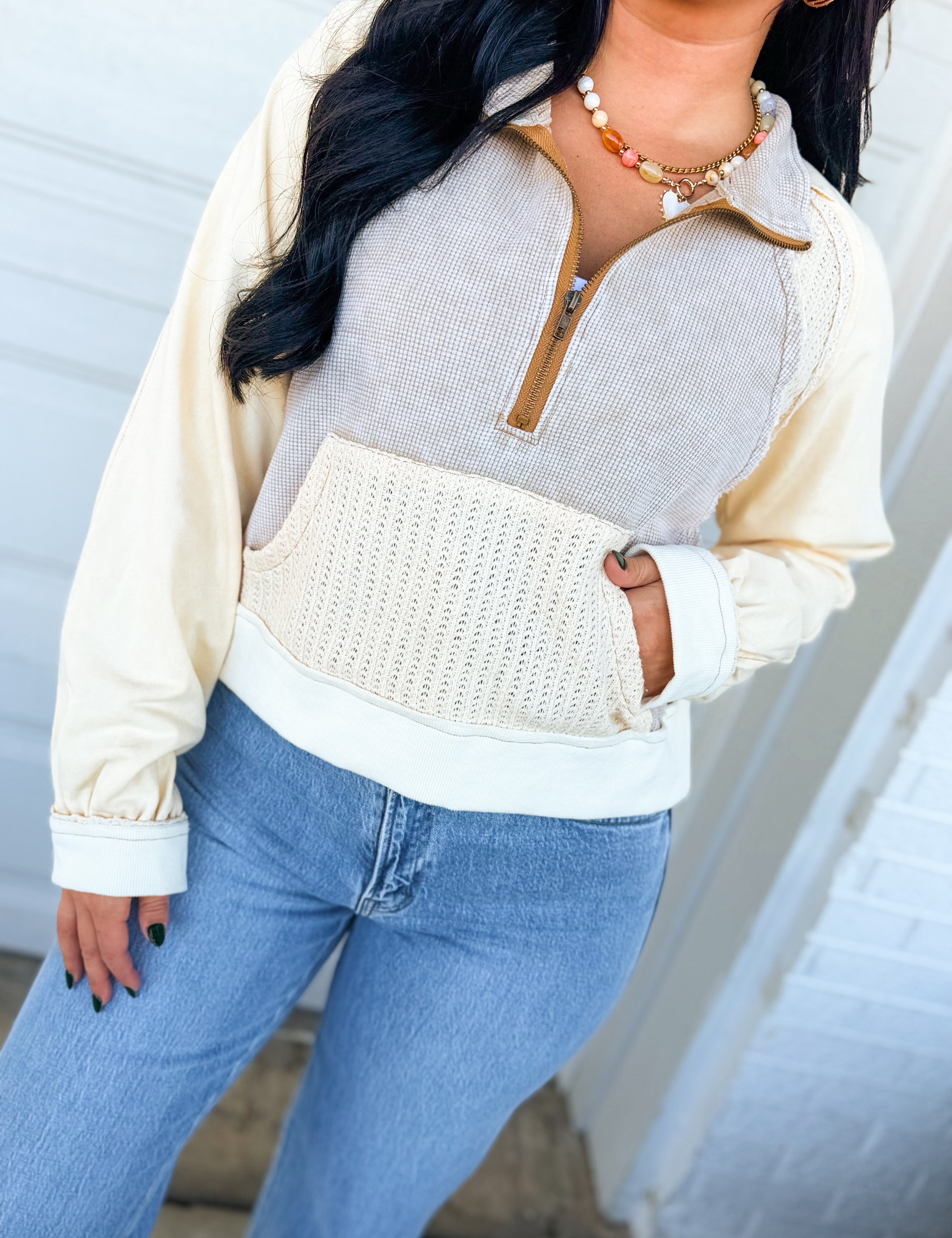 POL Vintage Wash Contrast Knit Quarter Zip Pullover - Cream - Lace and Grace Boutique