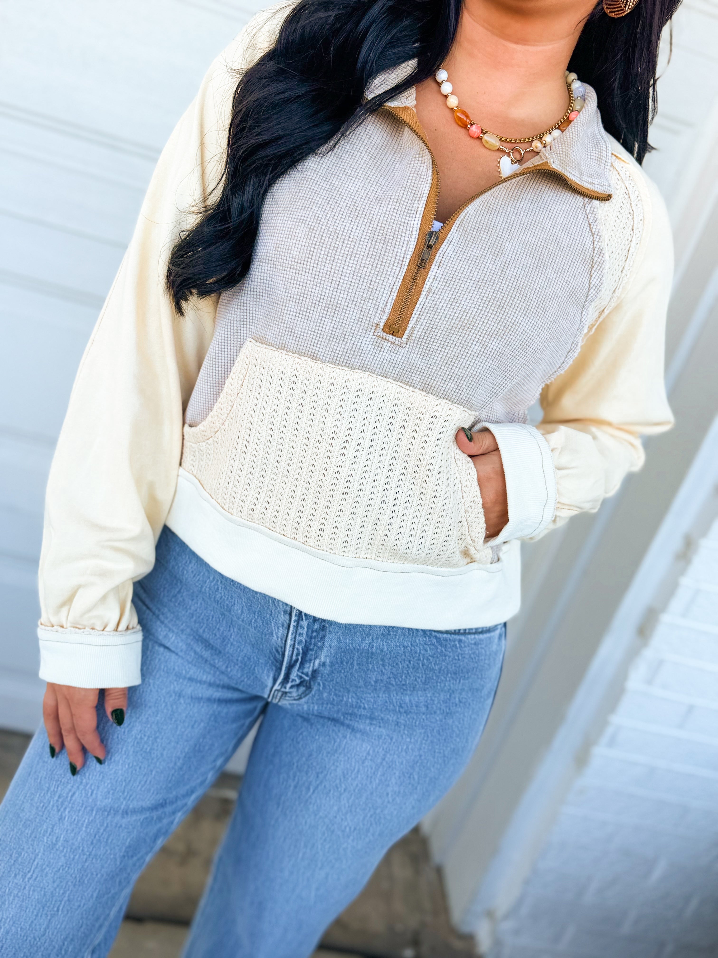 POL Vintage Wash Contrast Knit Quarter Zip Pullover - Cream - Lace and Grace Boutique