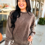 Acid Wash Ribbed Pullover Top - Chocolate