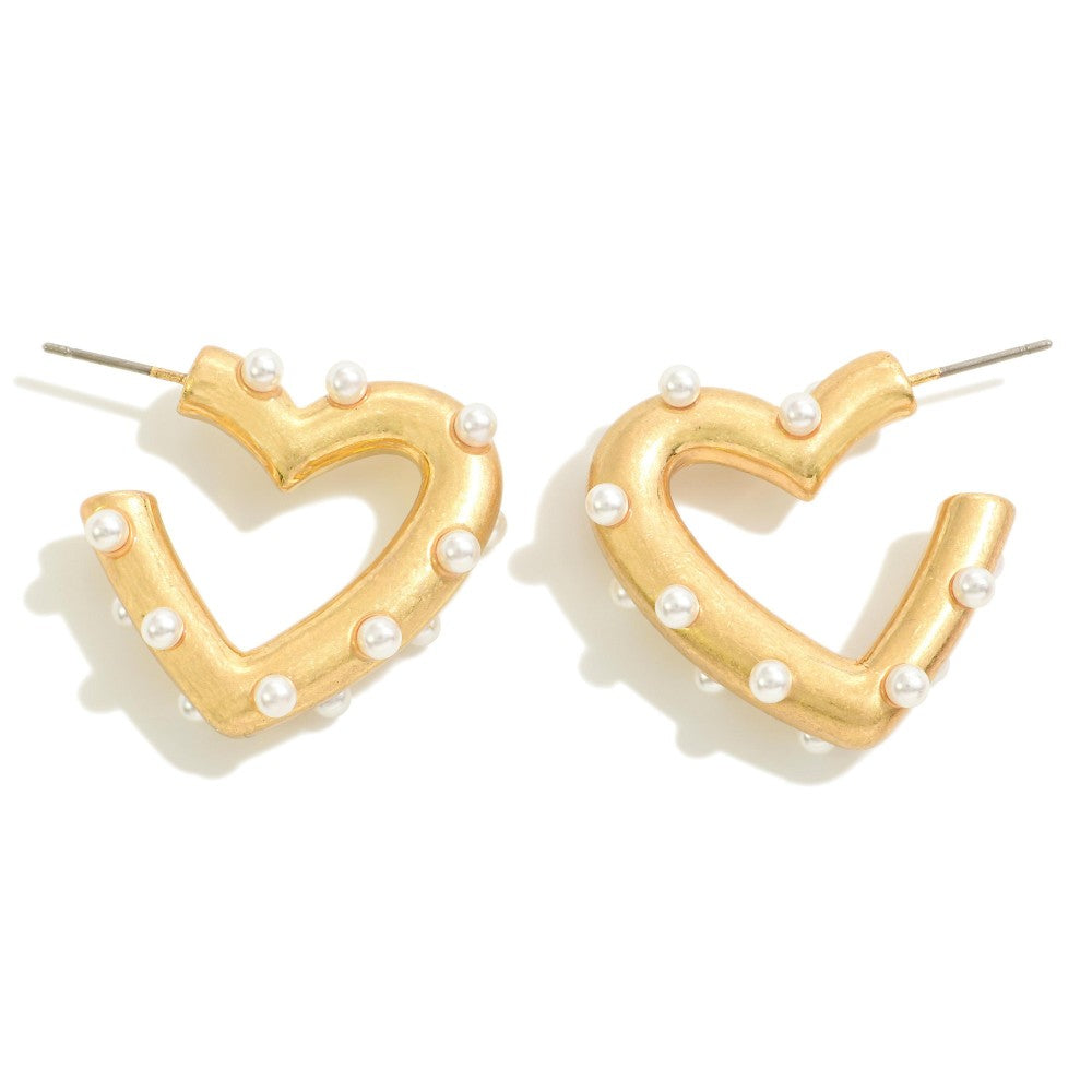 Pearl Studded Huggie Heart Gold Hoop Earrings - Lace and Grace Boutique
