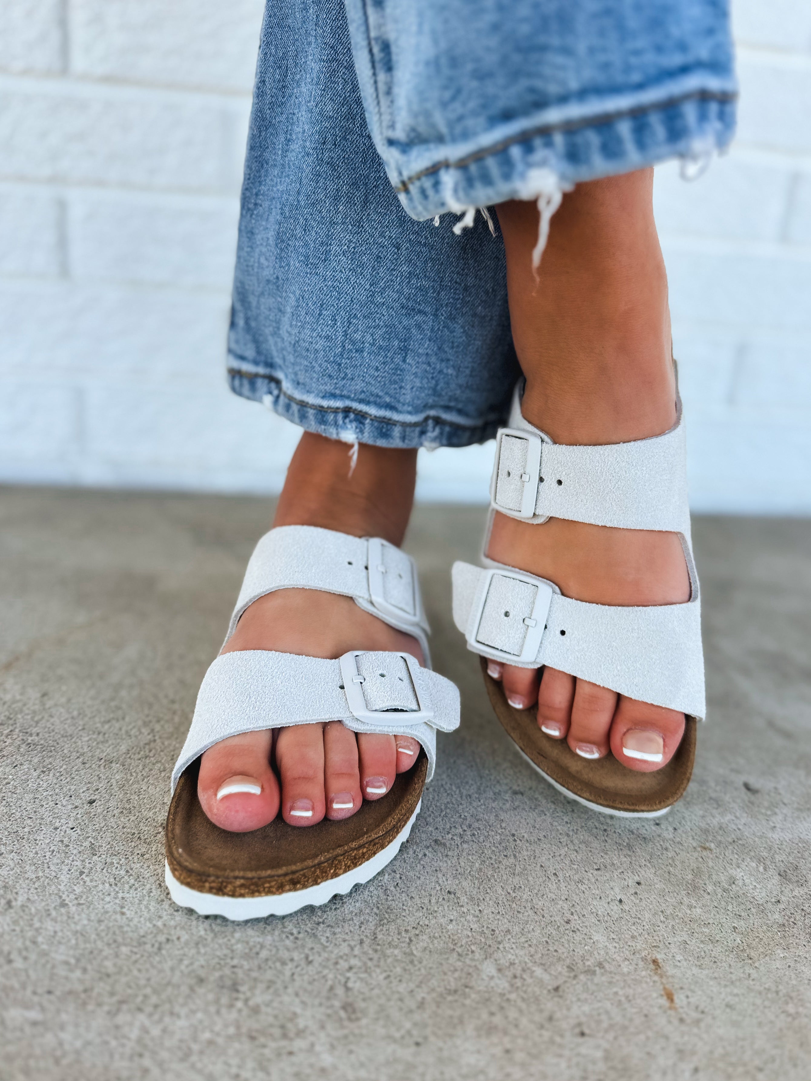 Birkenstock Arizona Soft Footbed Sandal - Modern Suede Antique White - Lace and Grace Boutique