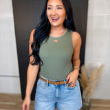 Stitch Detail Ribbed Knit Tank Top - Olive