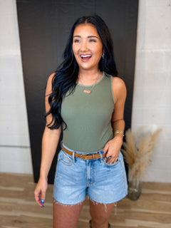 Stitch Detail Ribbed Knit Tank Top - Olive - Lace and Grace Boutique