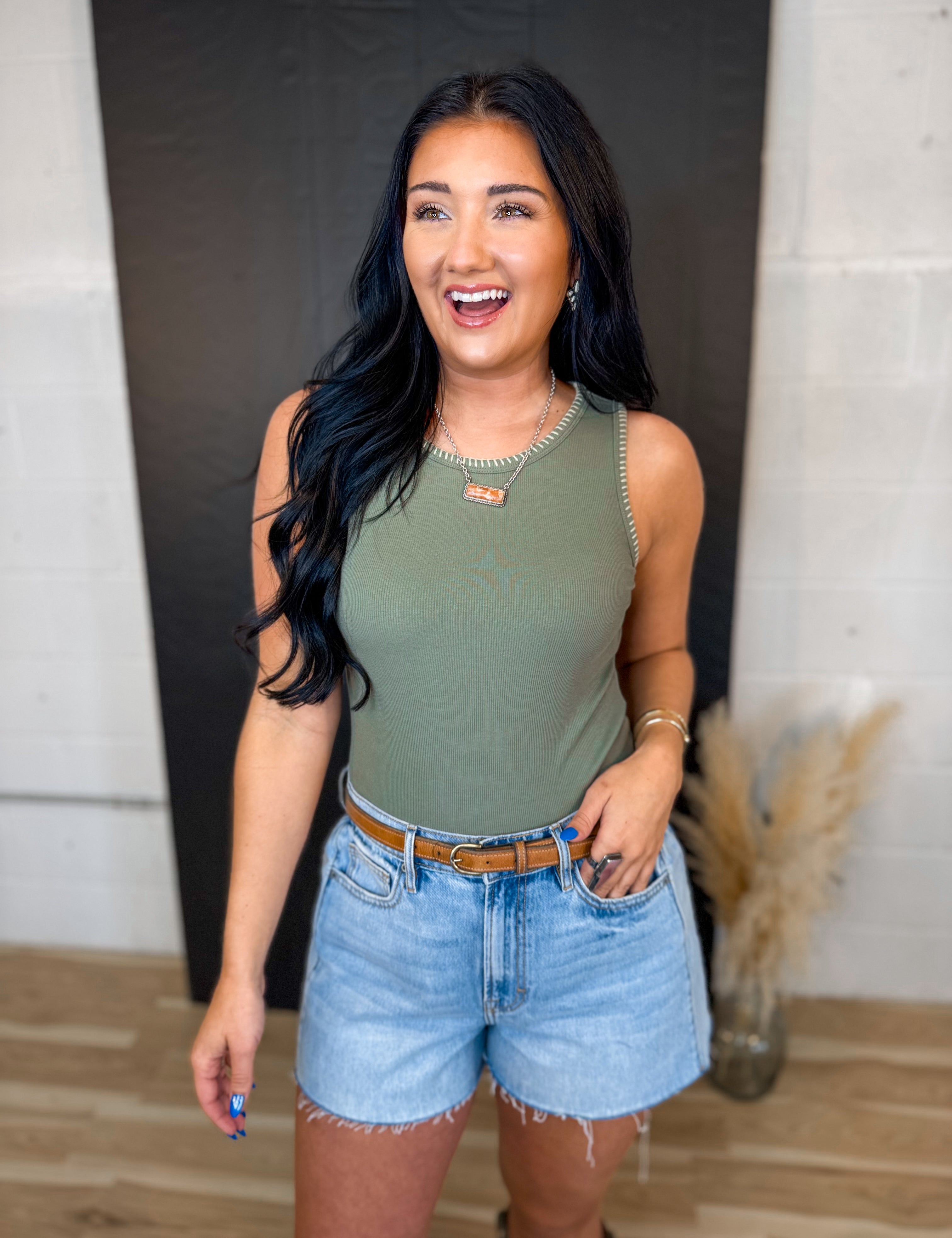 Stitch Detail Ribbed Knit Tank Top - Olive - Lace and Grace Boutique