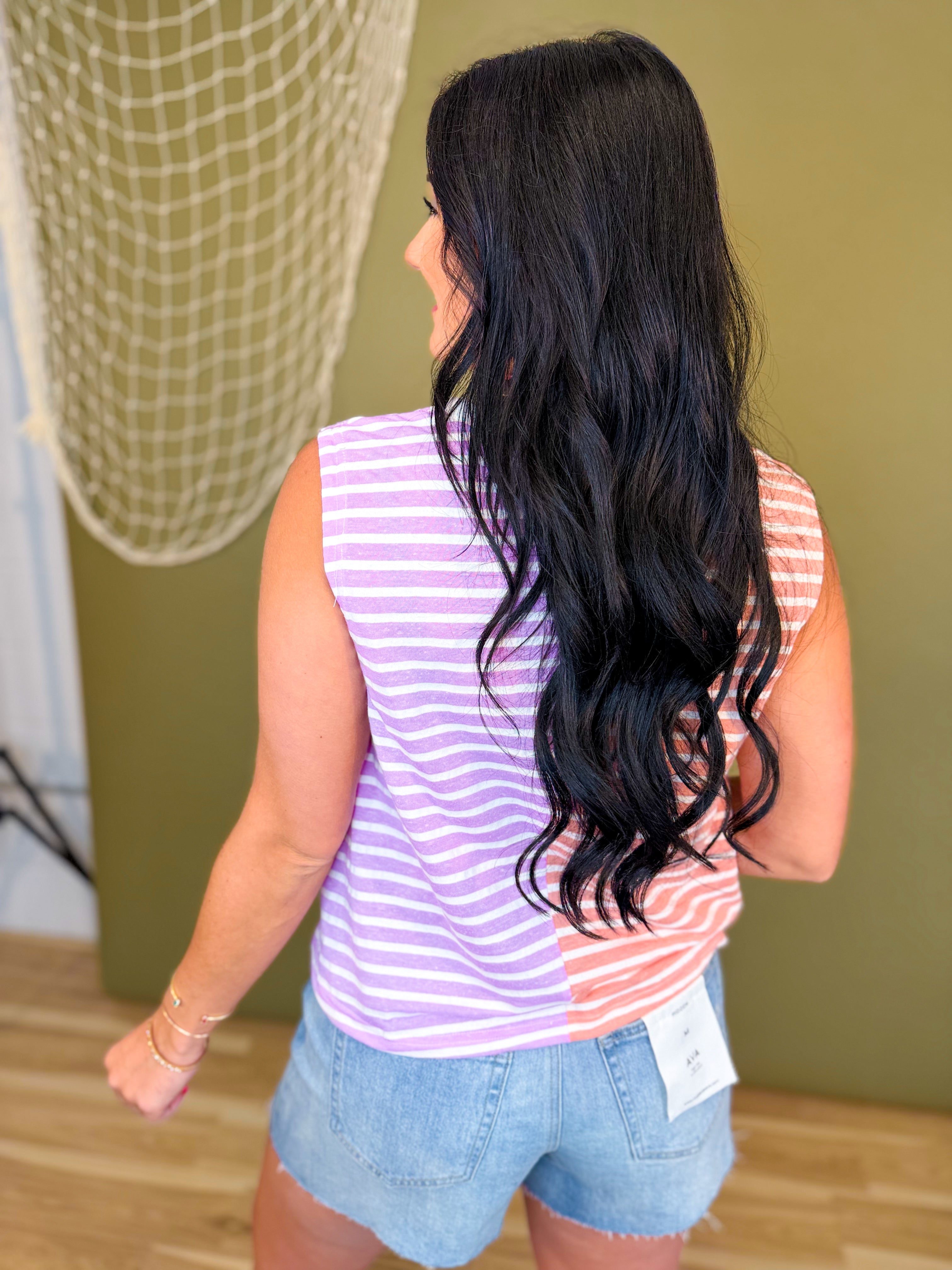 Striped Color Block Knit Henley Tank Top - Peach/Lavender - Lace and Grace Boutique