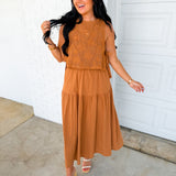 Embroidered Lace Vest & Midi Dress Set - Brown