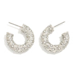 Textured Metal Hoop Earrings  Rhinestone Accents -Silver - Lace and Grace Boutique