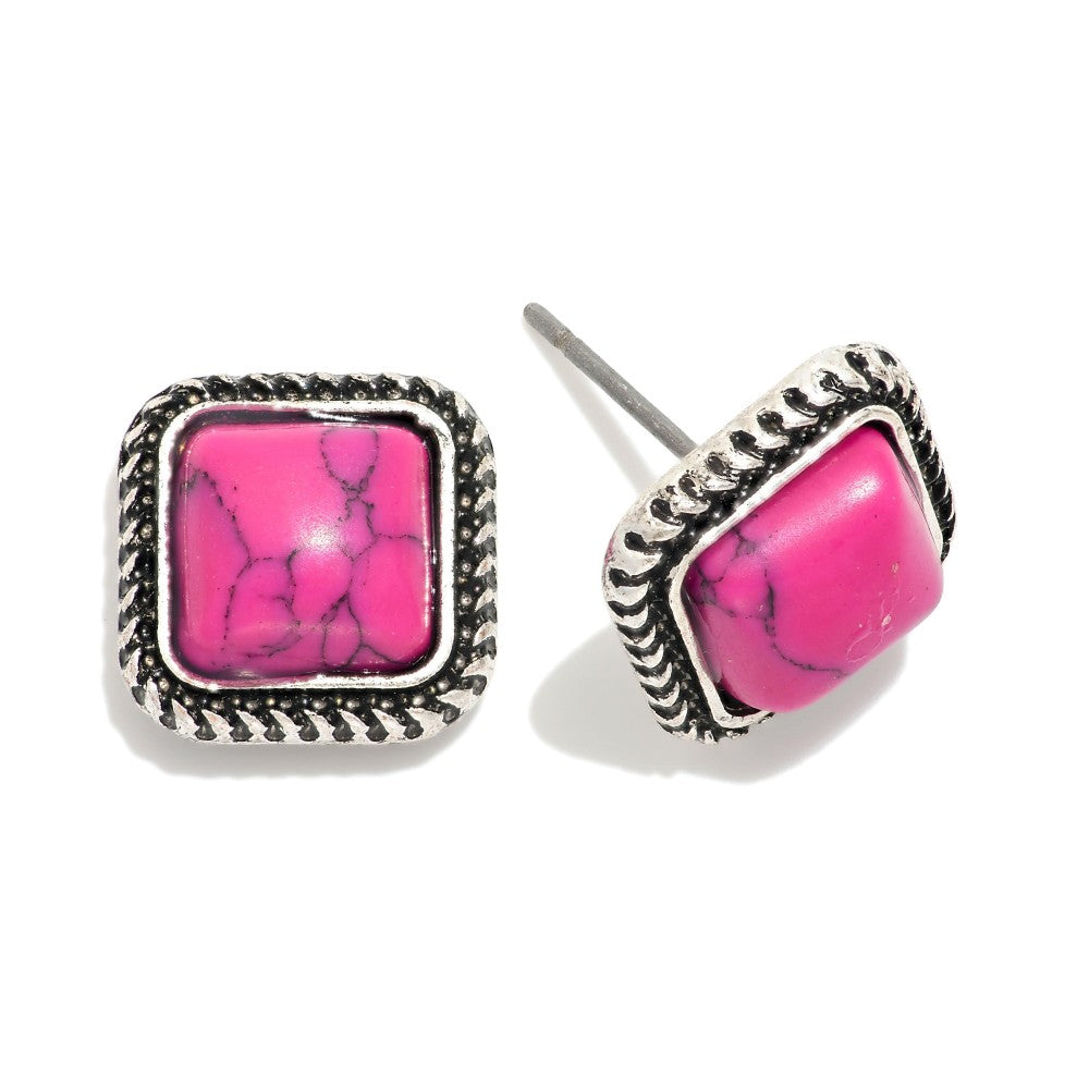 Western Style Square Stud Earrings - Fuchsia - Lace and Grace Boutique