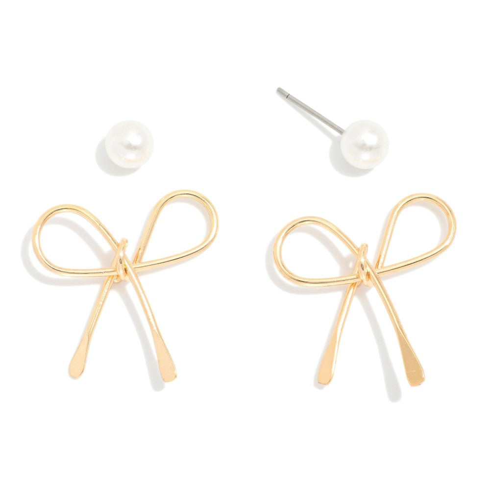 Bow & Pearl Stud Earring Set - Gold - Lace and Grace Boutique