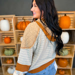 Striped Color Block Quilted Hoodie - Mocha/Taupe - Lace and Grace Boutique