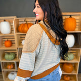 Striped Color Block Quilted Hoodie - Mocha/Taupe - Lace and Grace Boutique
