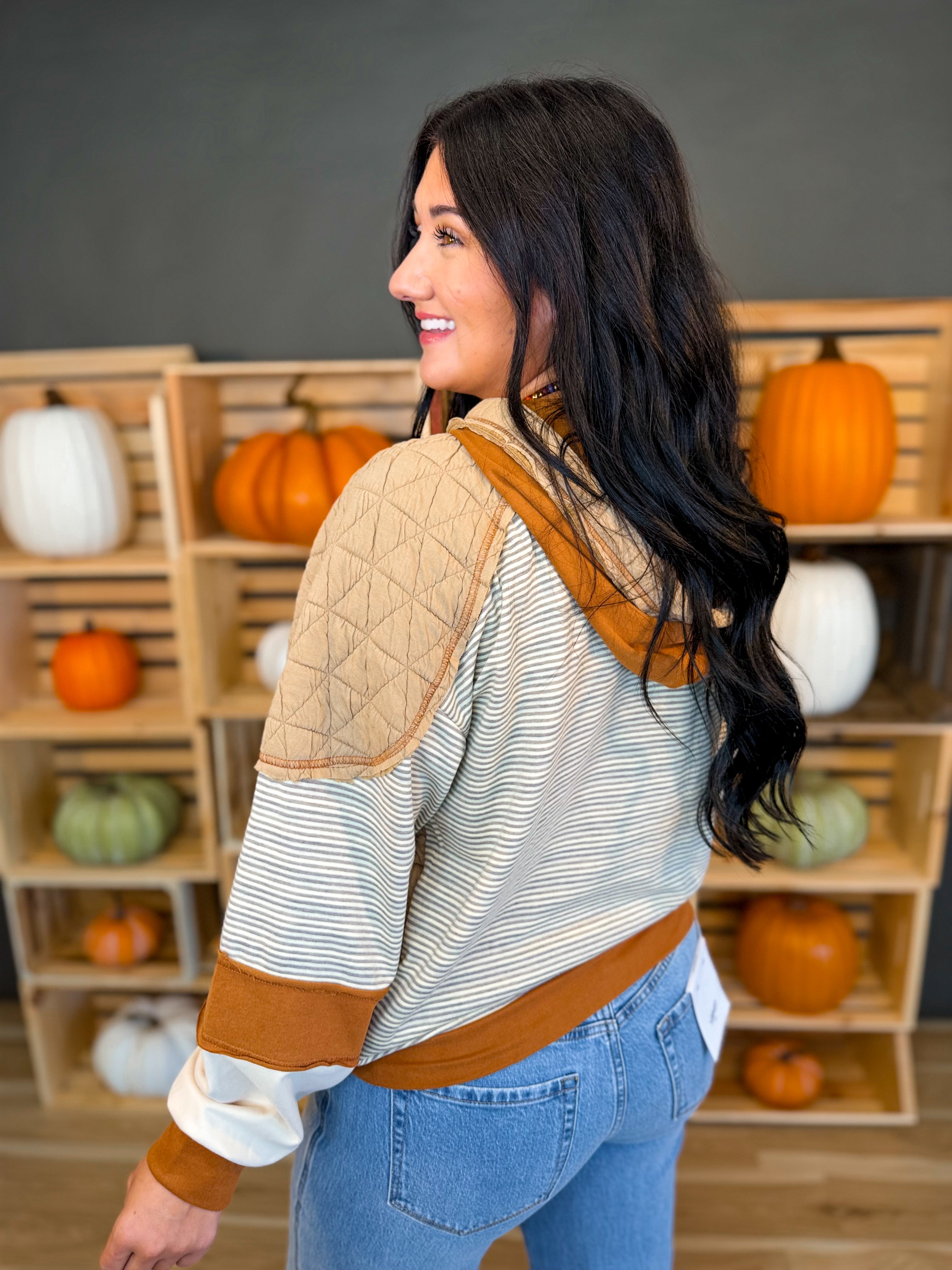 Striped Color Block Quilted Hoodie - Mocha/Taupe - Lace and Grace Boutique