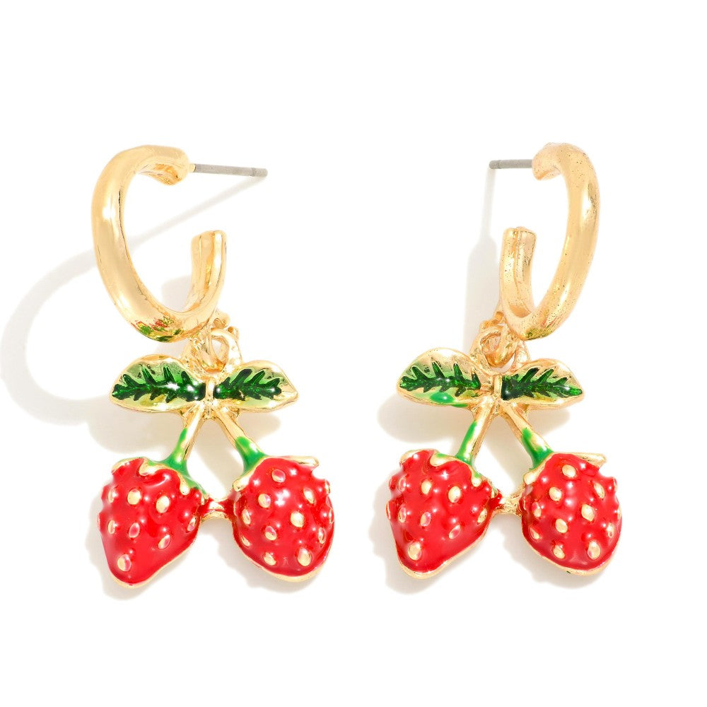 Strawberry Dangle Gold Hoop Earrings - Lace and Grace Boutique