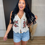Floral Embroidered Eyelet Tie Front Vest - Cream