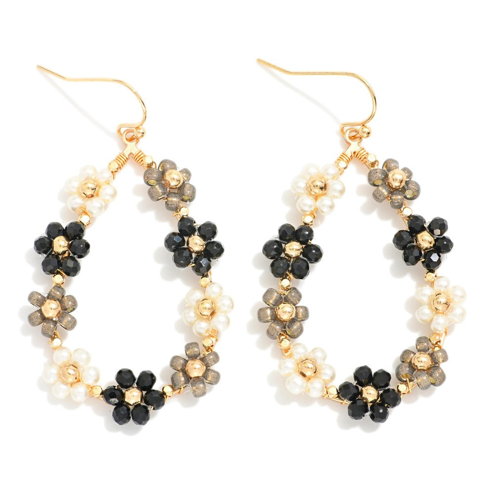 Petite Flower Beaded Teardrop Earrings - Black Multi - Lace and Grace Boutique