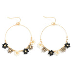 Flower Beaded Wire Hoop Drop Earrings - Black - Lace and Grace Boutique
