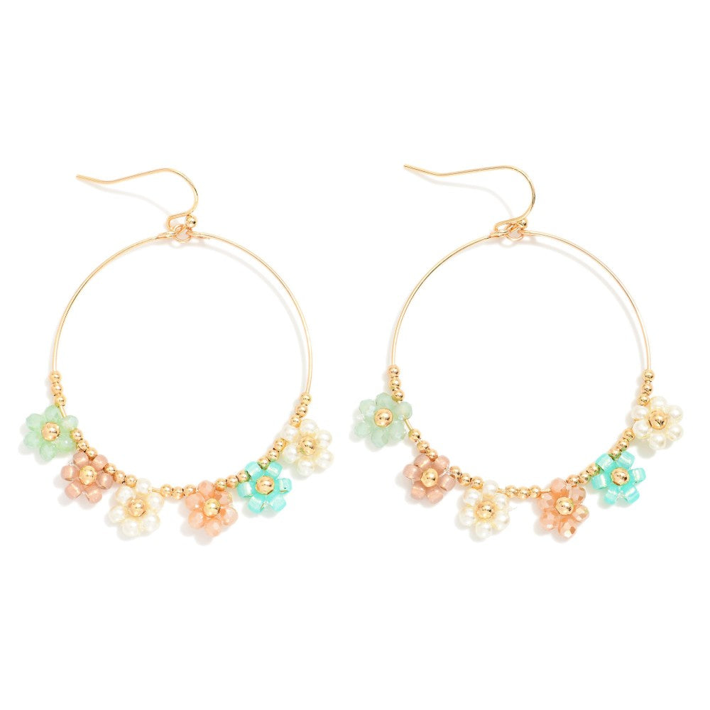 Flower Beaded Wire Hoop Drop Earrings - Multi - Lace and Grace Boutique