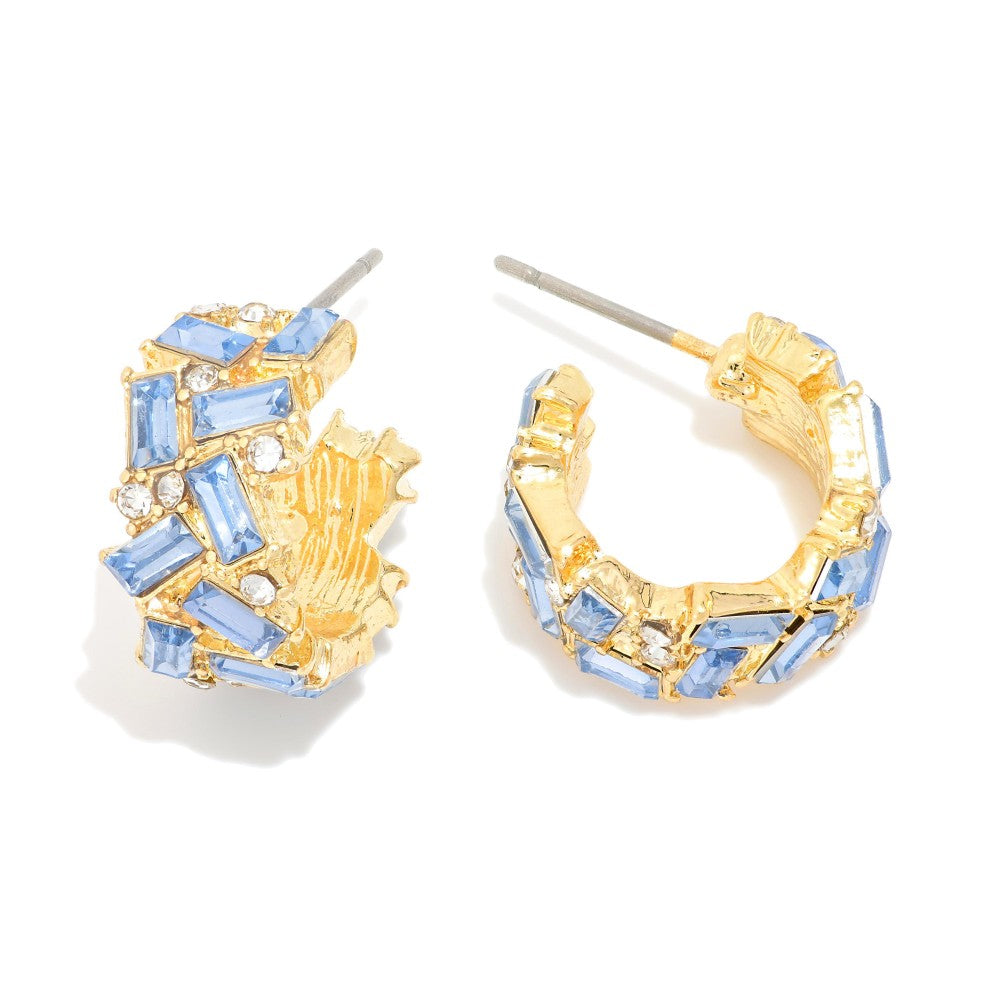 Emerald Cut Rhinestone Studded Hoop Earrings - Blue - Lace and Grace Boutique