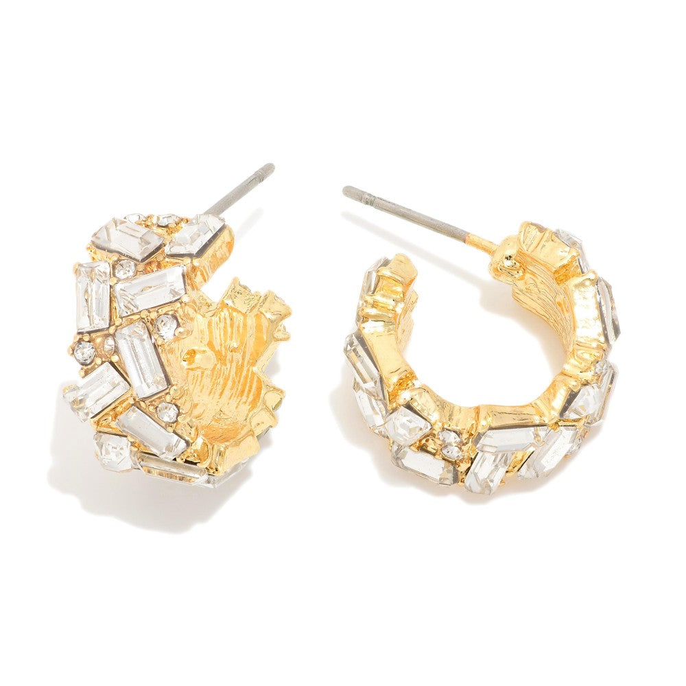 Emerald Cut Rhinestone Studded Hoop Earrings - Crystal - Lace and Grace Boutique