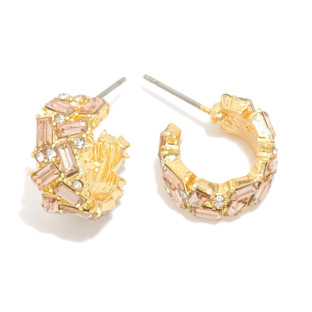 Emerald Cut Rhinestone Studded Hoop Earrings - Amber - Lace and Grace Boutique