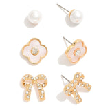 Bows, Clovers, & Pearls Set of 3 Stud Earring Set - Lace and Grace Boutique