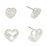 Rhinestone Detail Heart Stud Earrings, Set of 2 - Silver