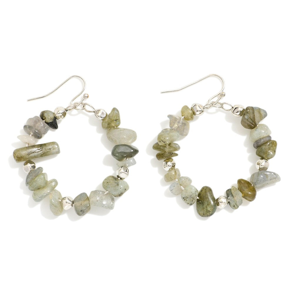 Stone Beaded Silver Hoop Drop Earrings - Lace and Grace Boutique