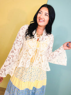 Floral Lace Trumpet Sleeve Hi-Lo Hem Blouse - Cream - Lace and Grace Boutique