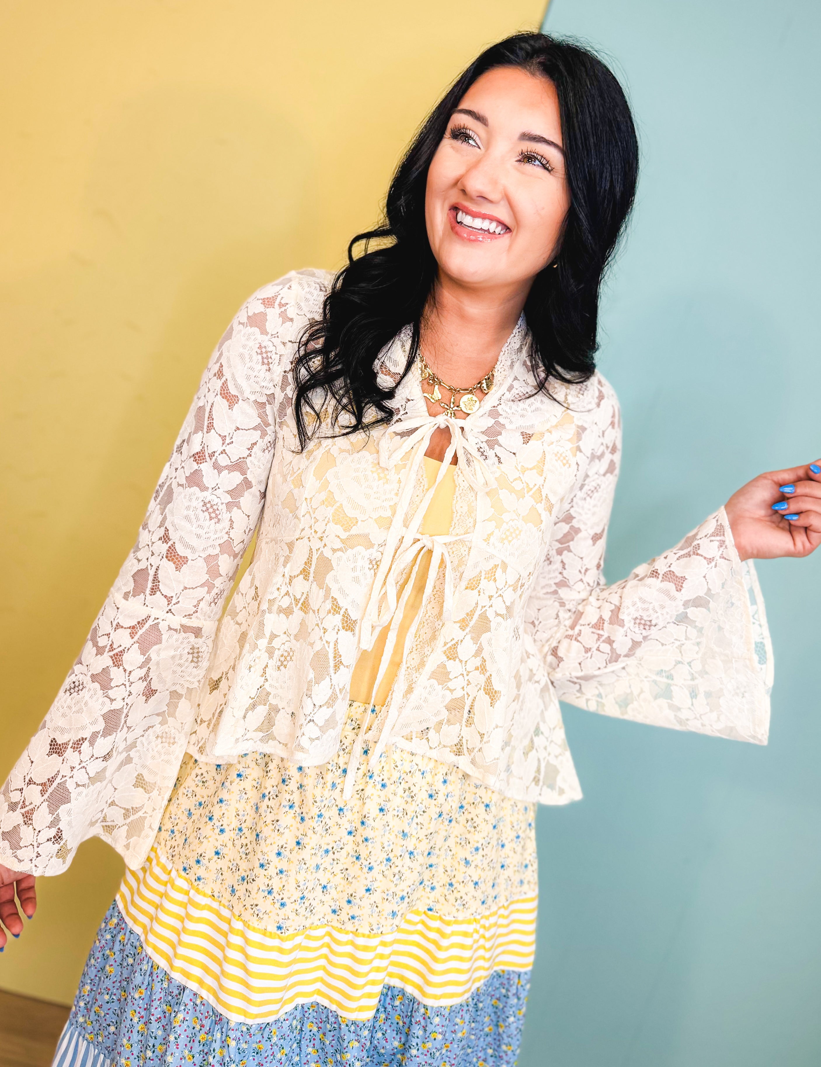 Floral Lace Trumpet Sleeve Hi-Lo Hem Blouse - Cream - Lace and Grace Boutique