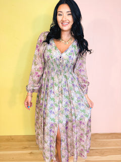 Tencel Floral Smocked Button Down Maxi Dress - Eucalyptus - Lace and Grace Boutique