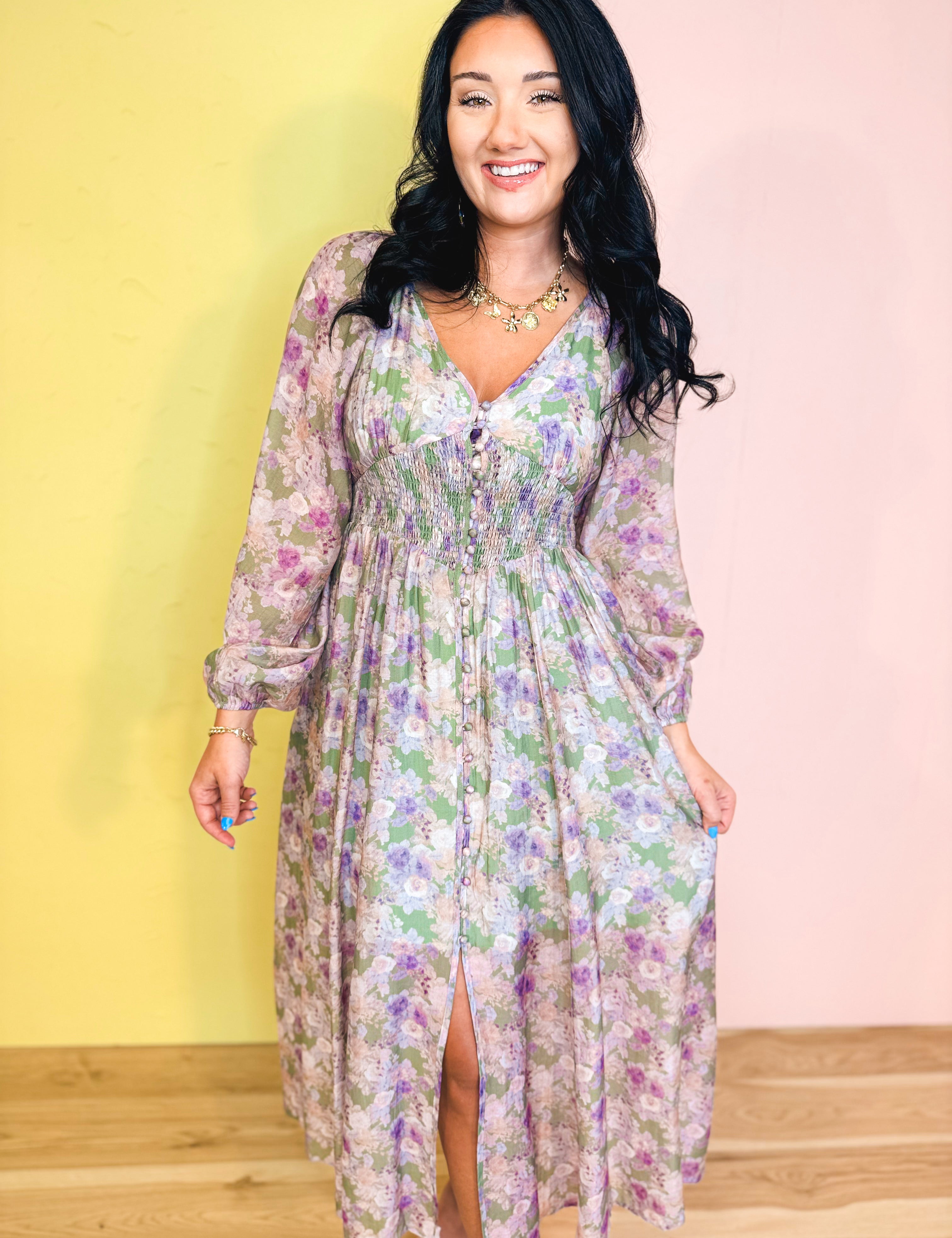 Tencel Floral Smocked Button Down Maxi Dress - Eucalyptus Medium Tencel Floral Smocked Button Down Maxi Dress - Eucalyptus Medium